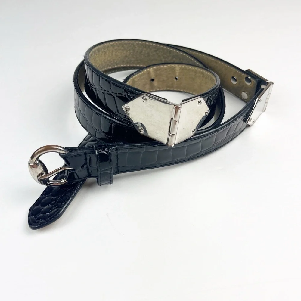Chico’s Black Embossed Patent Leather Belt Silver Accents